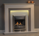 Riverslea 48" Arctic White Micromarble Mantel featuring an elegant design with integrated lighting, showcasing a modern fireplace with realistic flames and decorative stones.