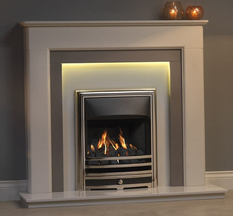 Riverslea 48" Arctic White Micromarble Mantel featuring an elegant design with integrated lighting, showcasing a modern fireplace with realistic flames and decorative stones.