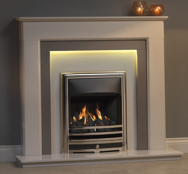 Riverslea 48" Arctic White Micromarble Mantel featuring an elegant design with integrated lighting, showcasing a modern fireplace with realistic flames and decorative stones.