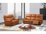 Tan leather recliner sofa set with cushioned seats in modern living room