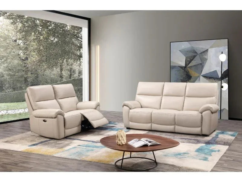 Chalk fabric recliner sofa set with three-seater and armchair in modern living room