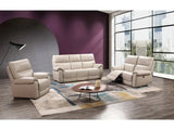 Beige leather reclining sofa set with armchair and coffee table in modern living room