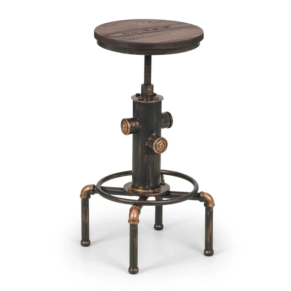 Industrial bar stool with round wooden seat and metal pipe legs