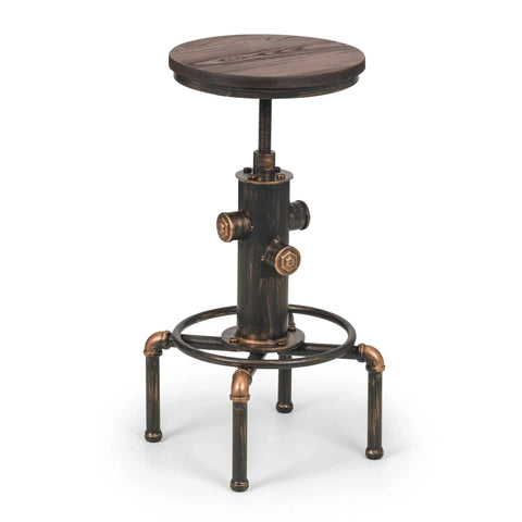 Industrial bar stool with round wooden seat and metal pipe legs