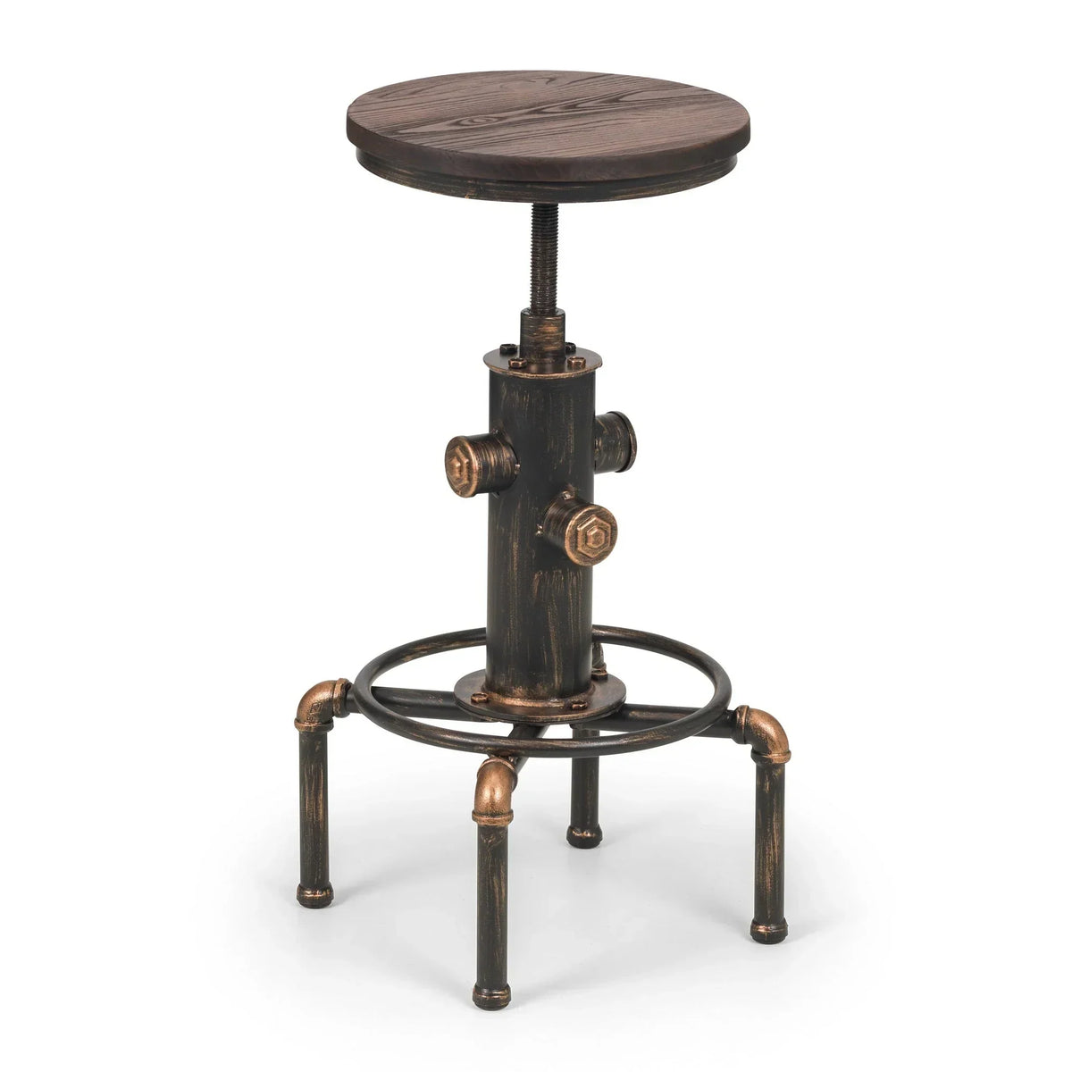 Industrial bar stool with round wooden seat and metal pipe legs