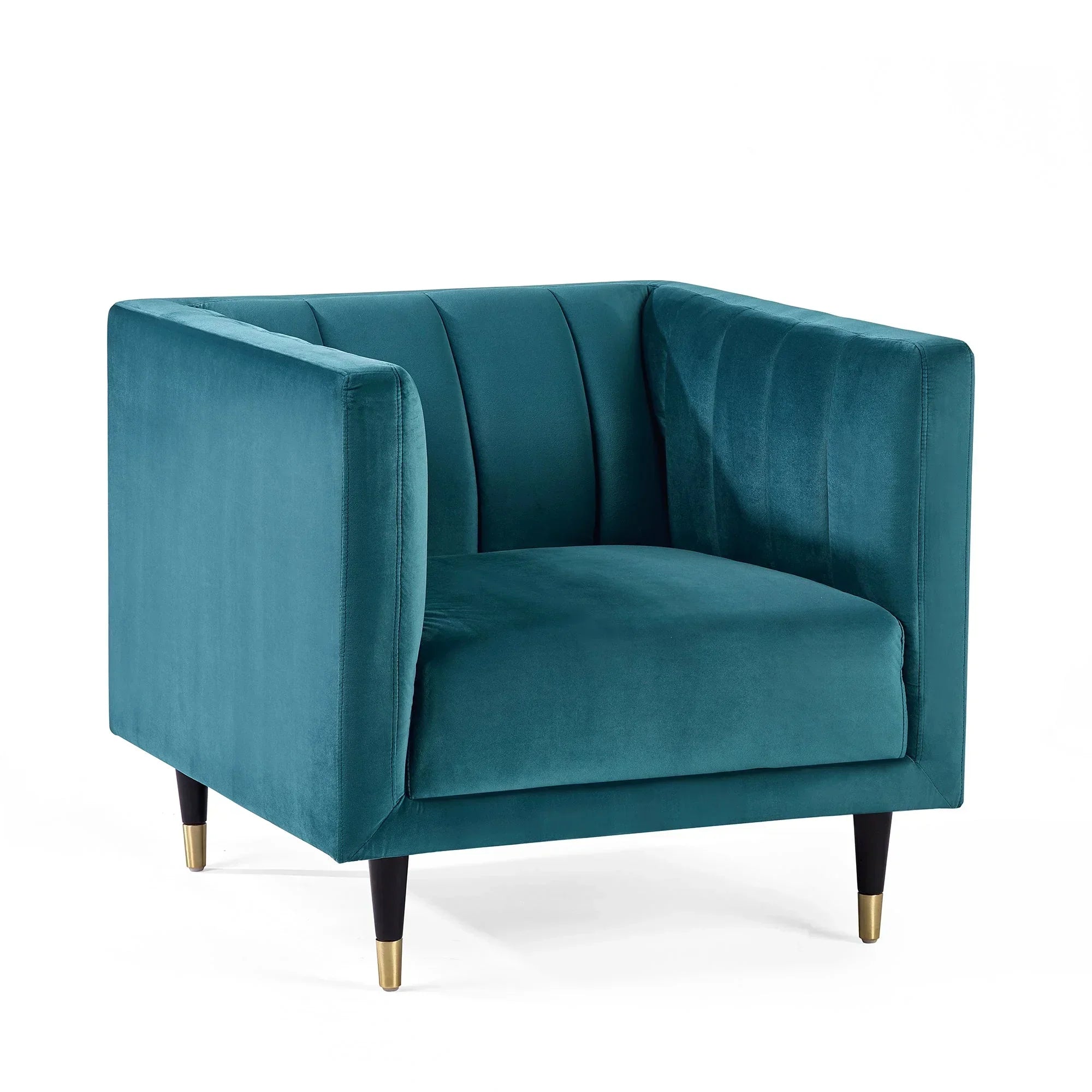 Teal velvet accent chair with scalloped backrest and gold-tipped black legs on white background