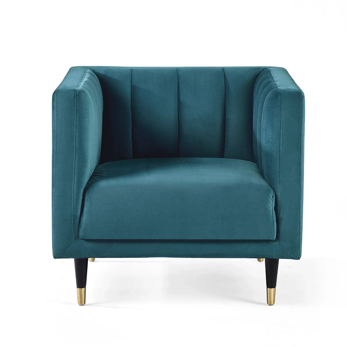 Teal scalloped back chair with velvet upholstery and gold-tipped black legs, front view