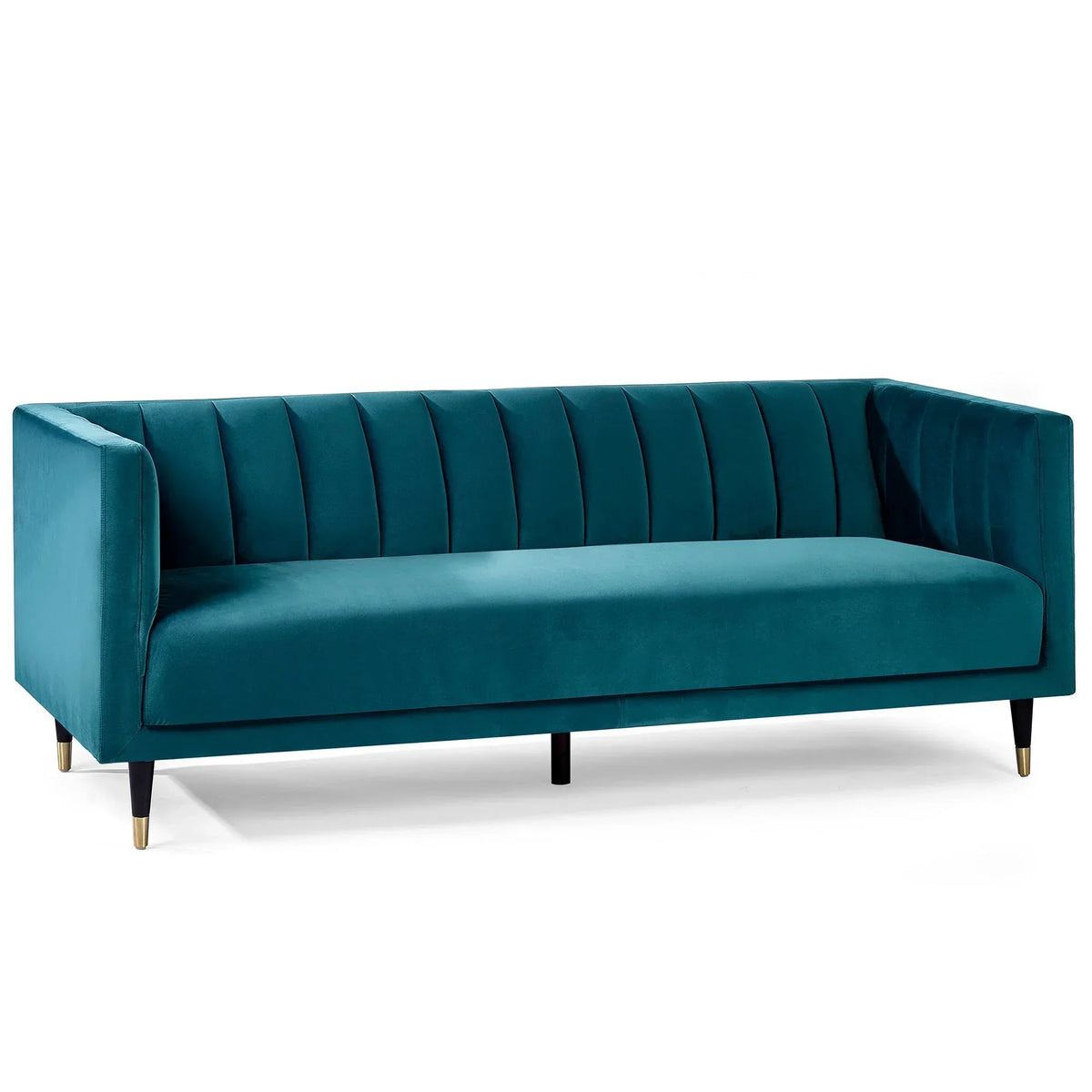 Teal velvet 3 seater sofa with scalloped back and black tapered legs on white background