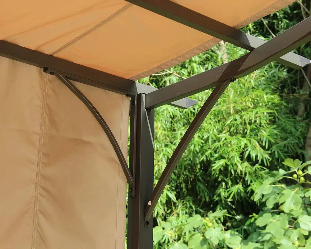 Mocha sliding pergola corner frame and beige canopy detail with garden backdrop