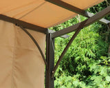 Mocha sliding pergola corner frame and beige canopy detail with garden backdrop