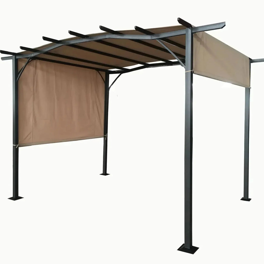 Mocha sliding pergola with metal frame and retractable canopy, side and back fabric panels