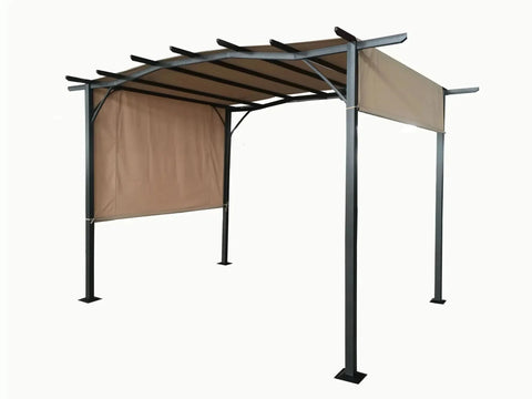 Mocha sliding pergola with metal frame and retractable canopy, side and back fabric panels