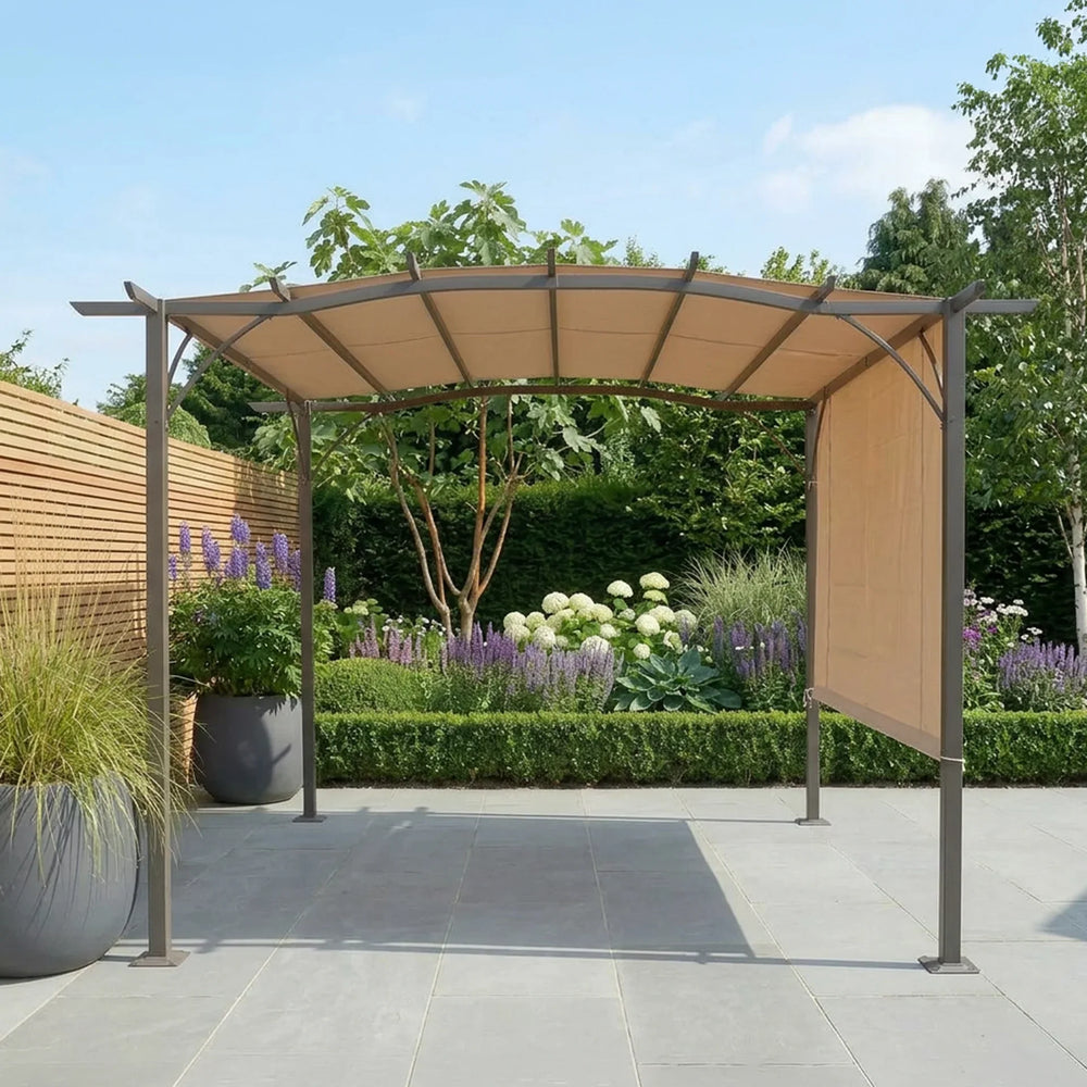 Beige garden gazebo with metal frame on patio, side panel down, surrounded by plants