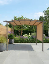 Beige garden gazebo with metal frame on patio, side panel down, surrounded by plants