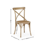 Light wood dining chair with woven seat showing height and width dimensions on plain white background