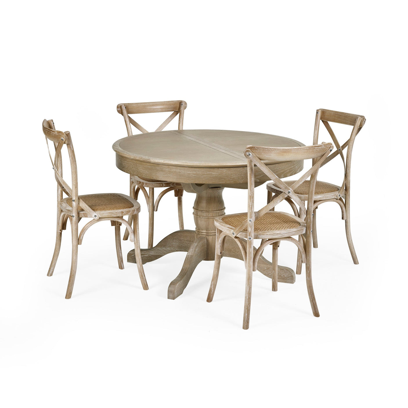 Four light wood dining chairs with woven seats arranged around a round dining table on white background