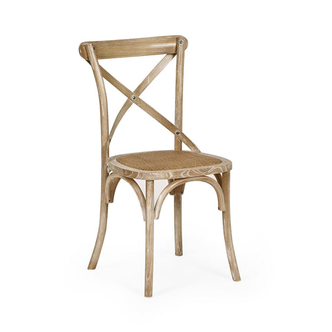 Light wooden dining chair with cane seat shown front side isolated on white background