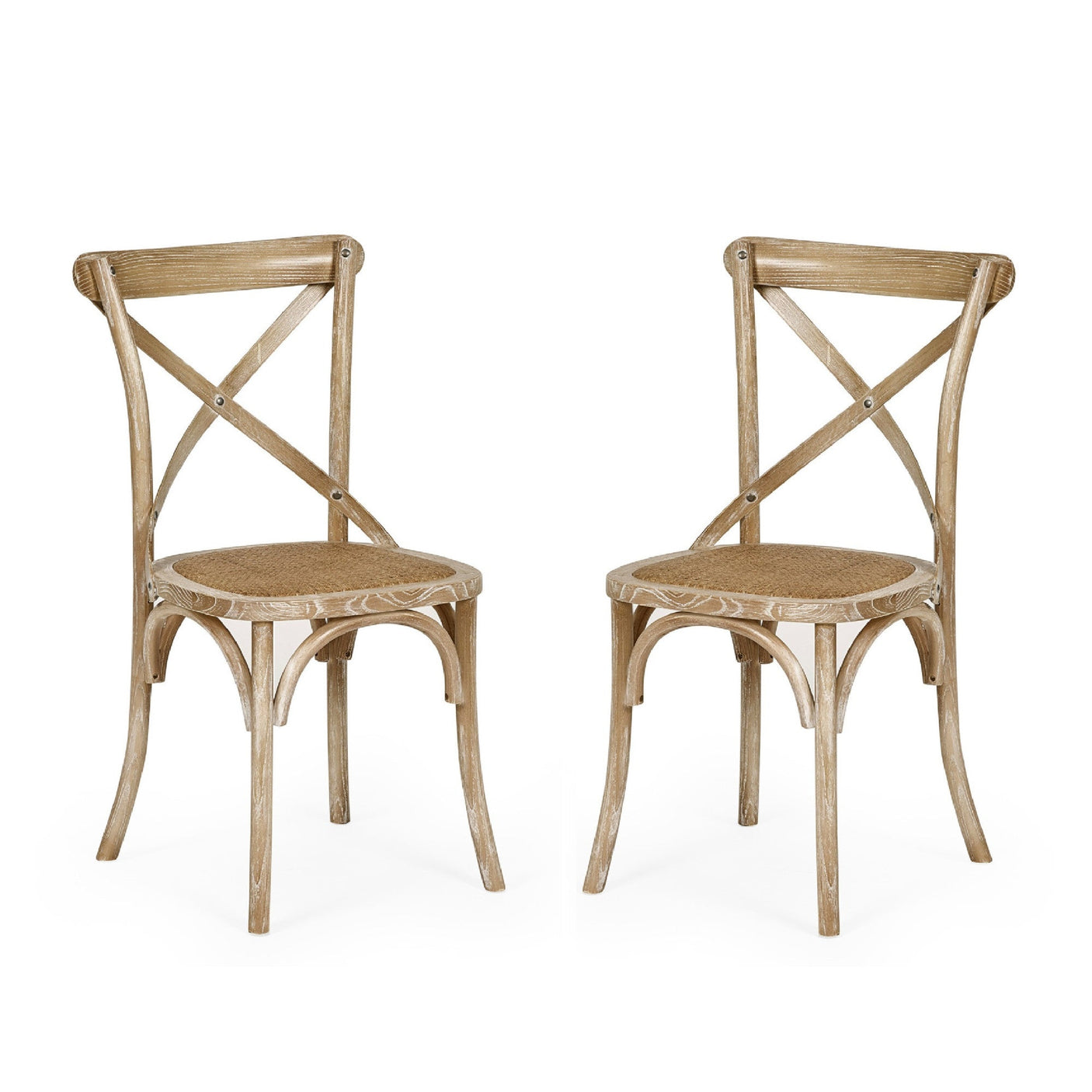 Two light wooden dining chairs with cane seats placed side by side on white background