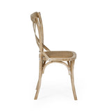 Close-up of light wooden dining chair with cane seat showing curved cross back detail