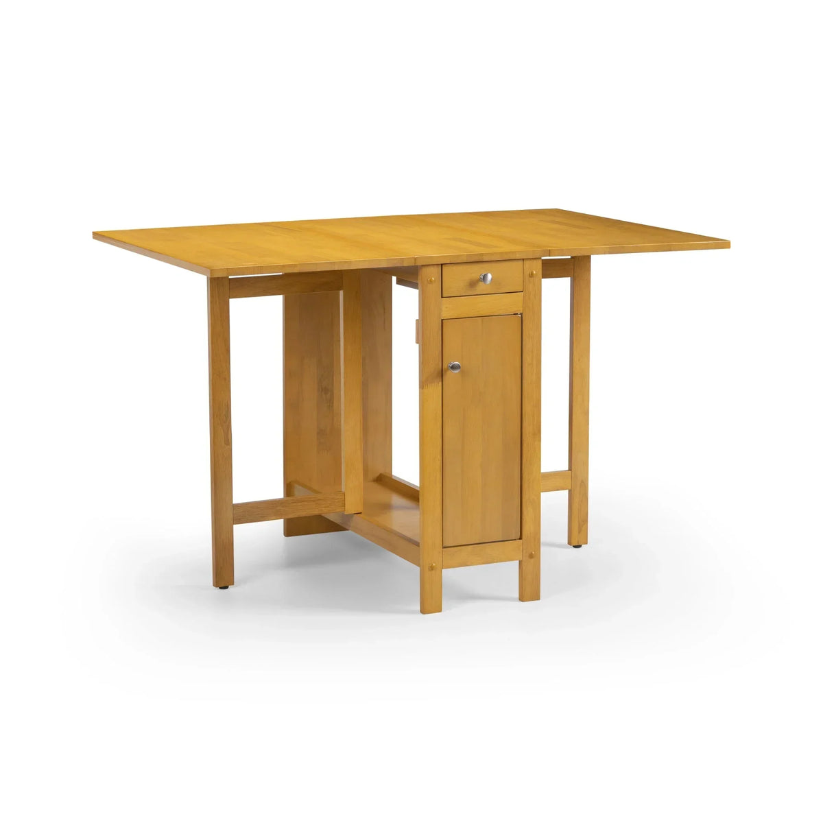 Light oak dining table with drop-leaf sides, drawer and cabinet storage, studio background
