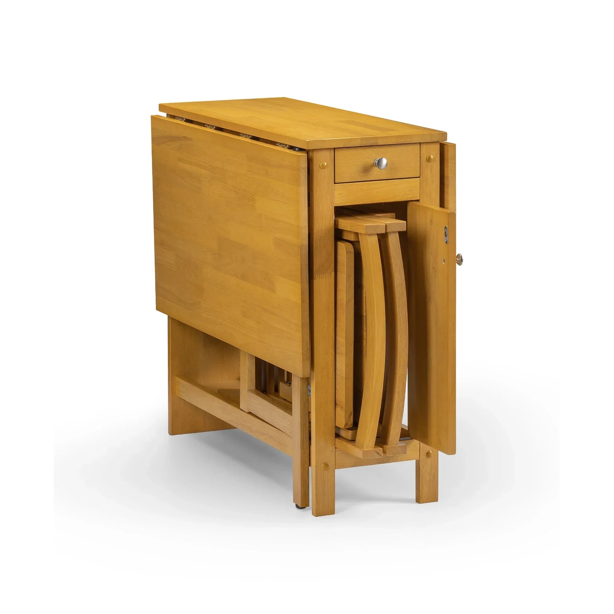 Light oak folding dining set with drop leaf table and stacked chairs, compact design