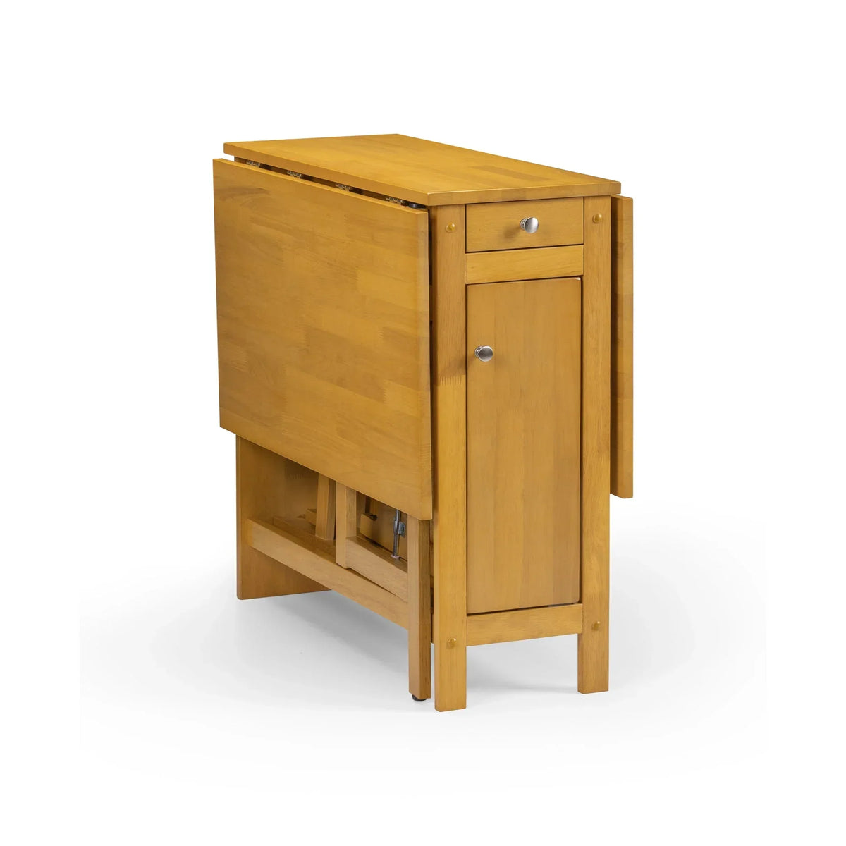 Light oak dining table set with drop leaf, storage drawer, and compact folding design