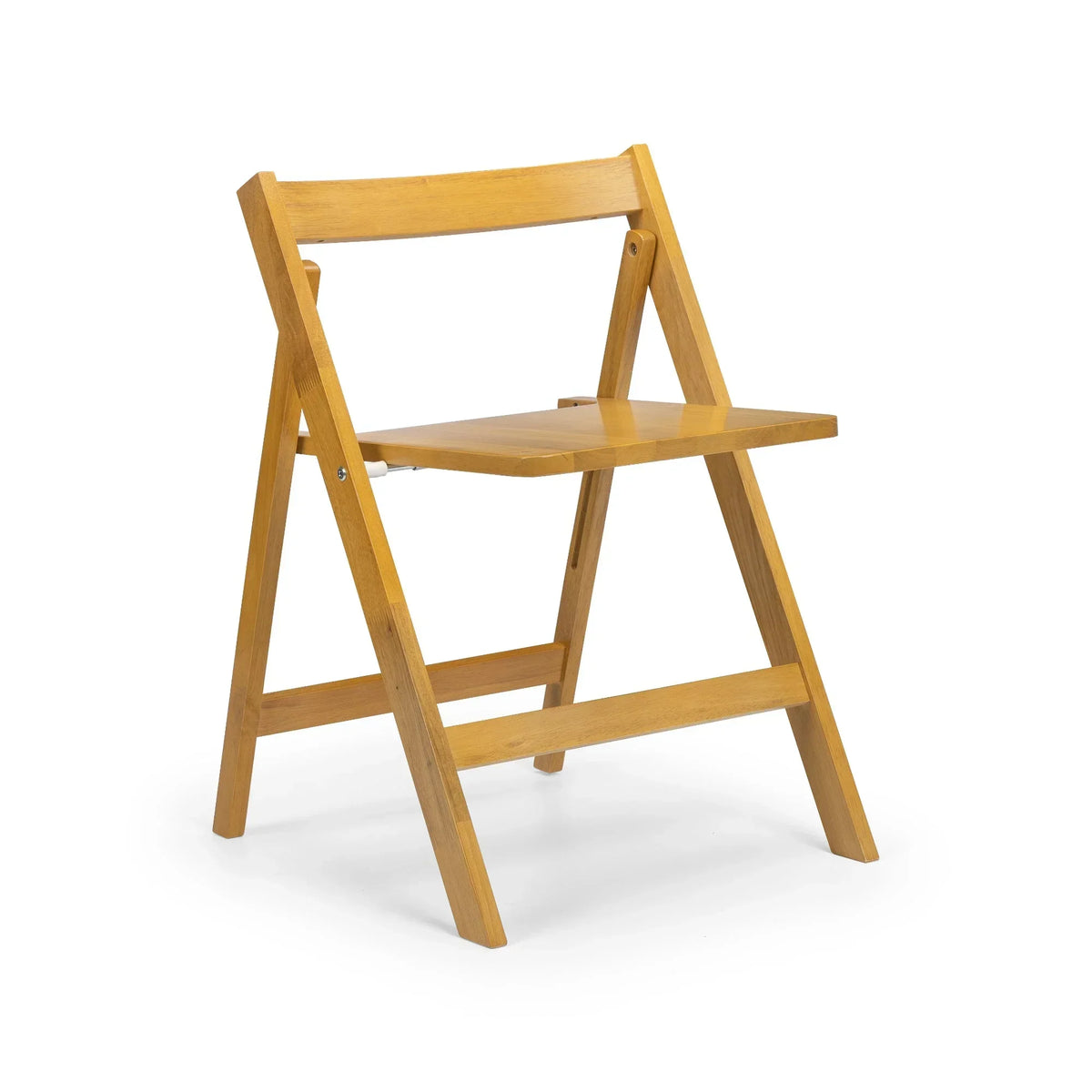 Light oak folding dining chair with angled legs and slatted backrest on white background