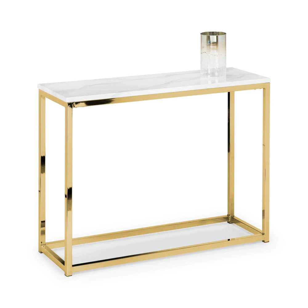 Marble top console table with gold metal frame and glass decor accent