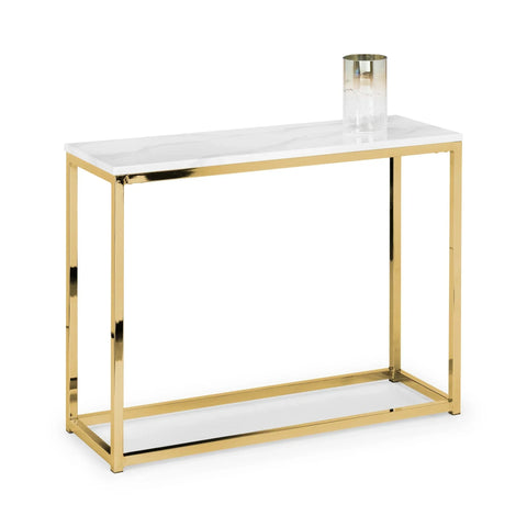 Marble top console table with gold metal frame and glass decor accent
