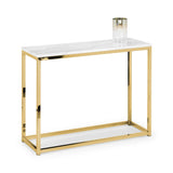 Marble top console table with gold metal frame and glass decor accent