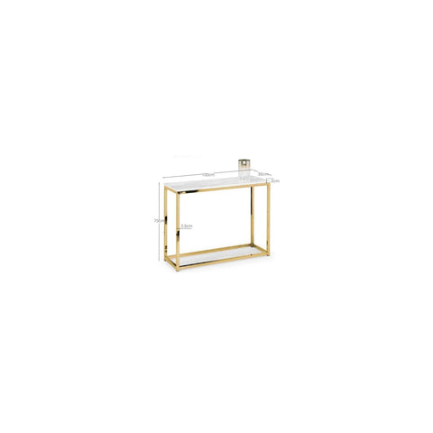 Gold frame console table with white top and shelf, labeled dimensions, front angle view