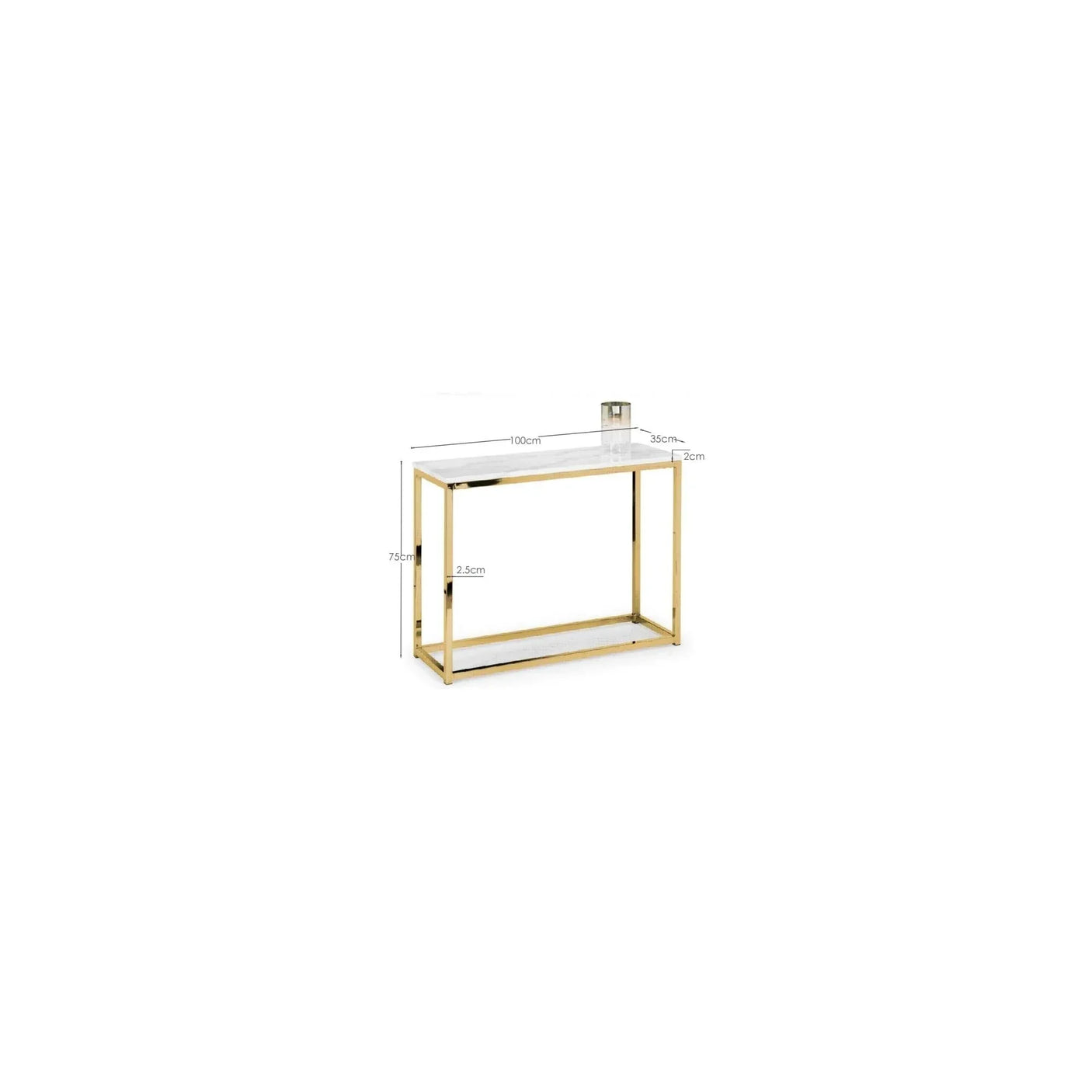Gold frame console table with white top and shelf, labeled dimensions, front angle view