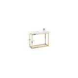 Gold frame console table with white top and shelf, labeled dimensions, front angle view
