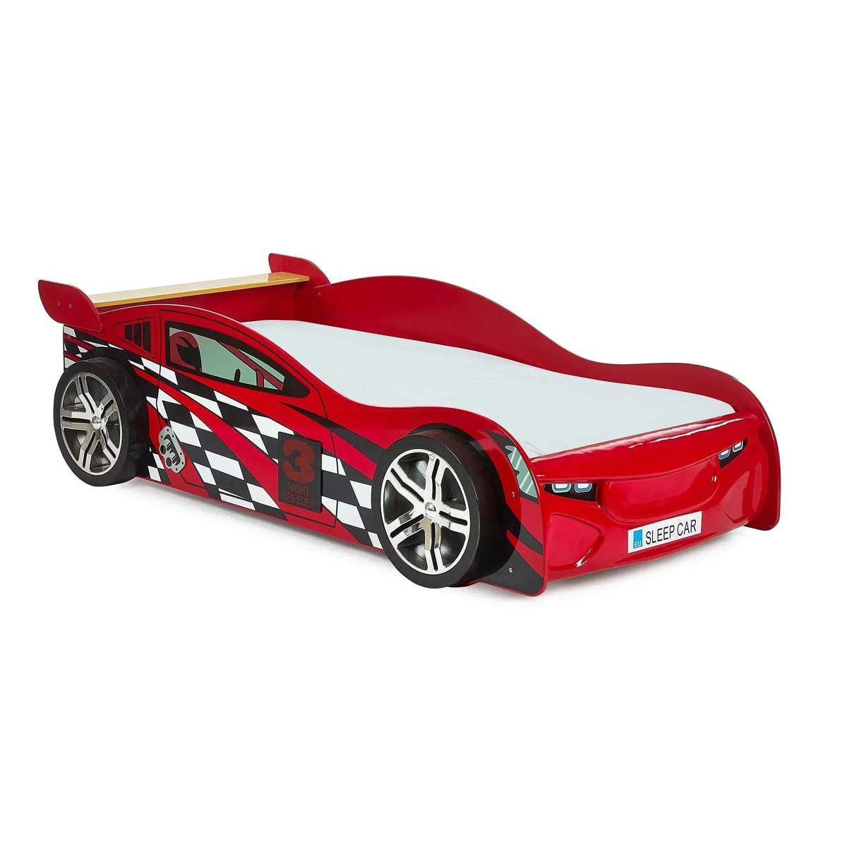 Red car-shaped kids bed with racing decals, spoiler, and large wheels, front angle view