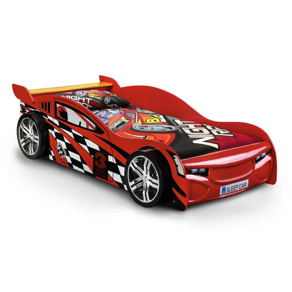Red race car bed for kids with checkerboard graphics and chrome effect wheels