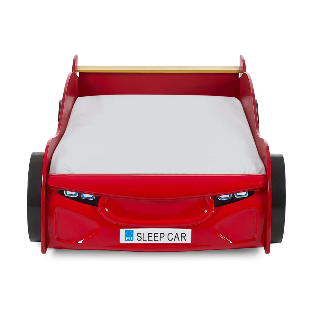 Red car-shaped kids bed with black wheels and white mattress, front view