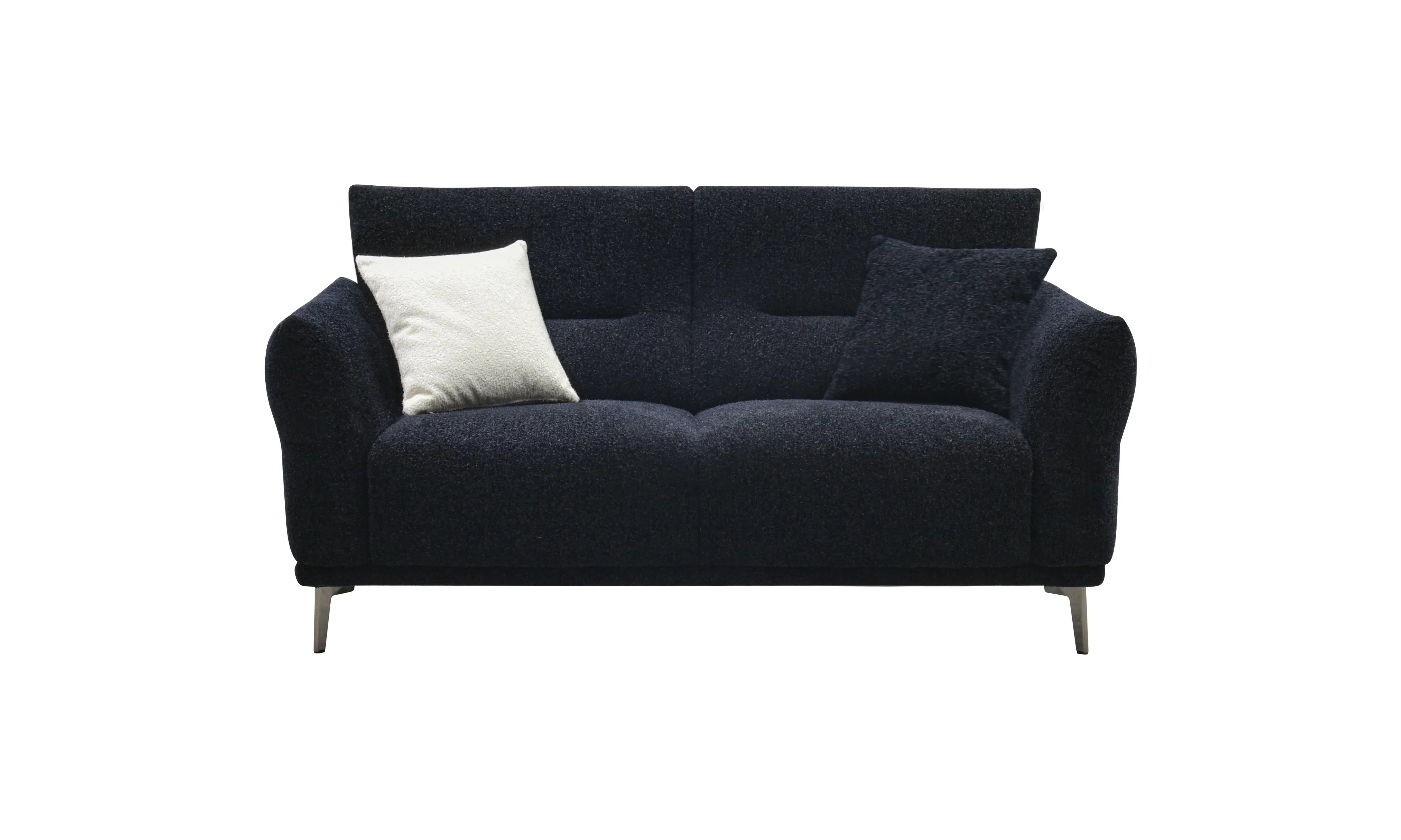 Dark fabric two seater sofa with chrome legs and contrasting white and navy cushions, front view