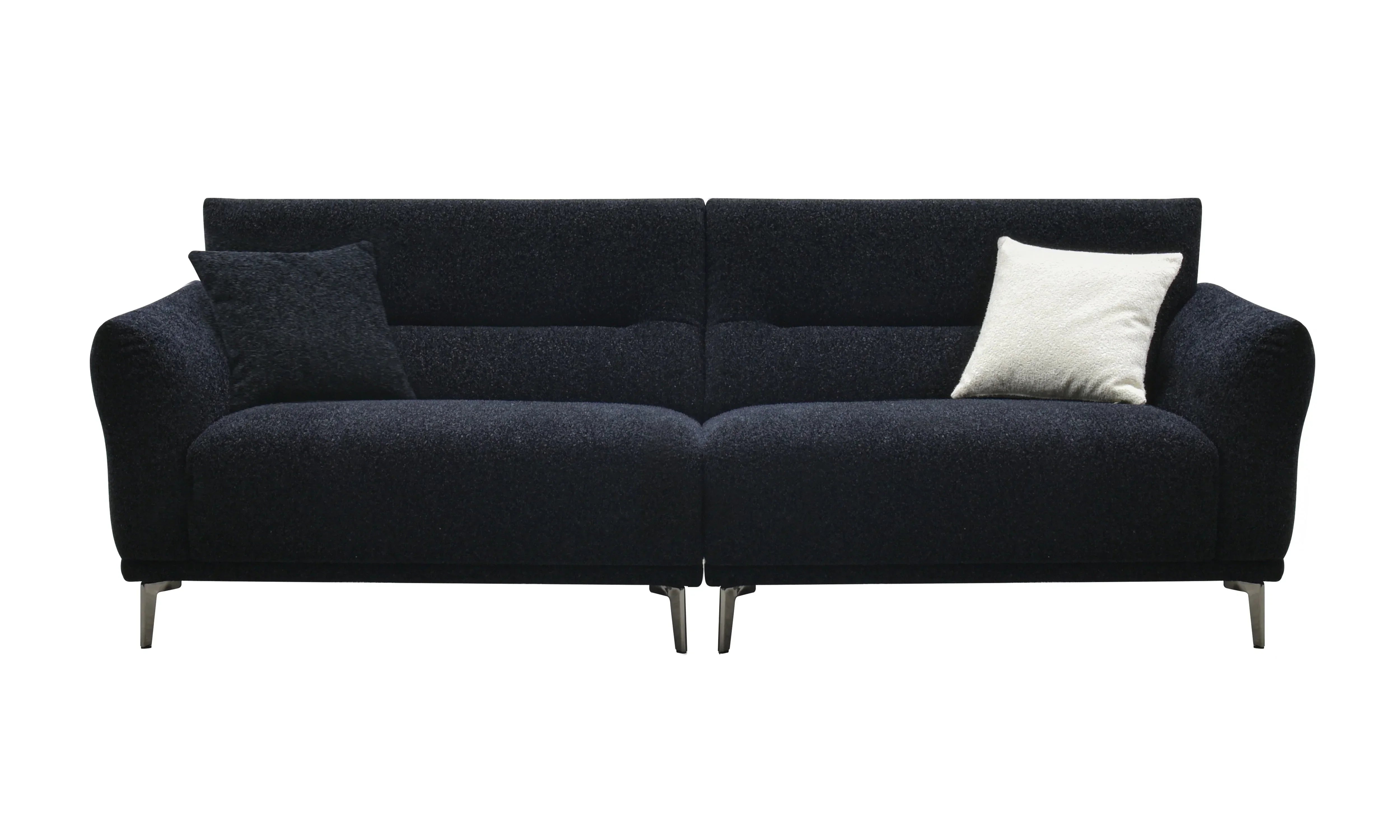 Modern black fabric sofa with metal legs, two cushions, front view