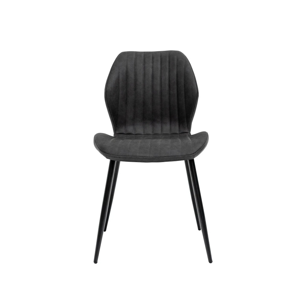 Charcoal grey dining chair with vertical stitching and black metal legs, front view