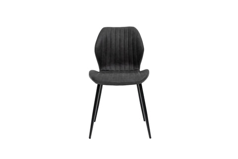 Charcoal grey dining chair with vertical stitching and black metal legs, front view