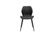 Charcoal grey dining chair with vertical stitching and black metal legs, front view