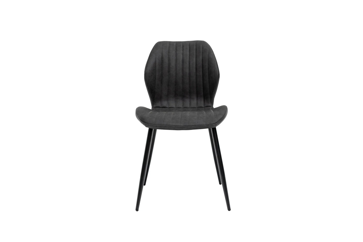 Charcoal grey dining chair with vertical stitching and black metal legs, front view