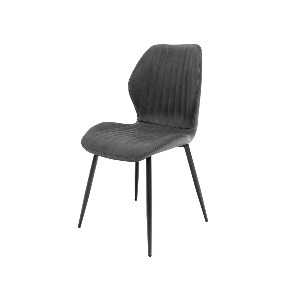 Dark grey velvet dining chair with black metal legs and vertical stitching detail