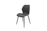 Dark grey velvet dining chair with black metal legs and vertical stitching detail