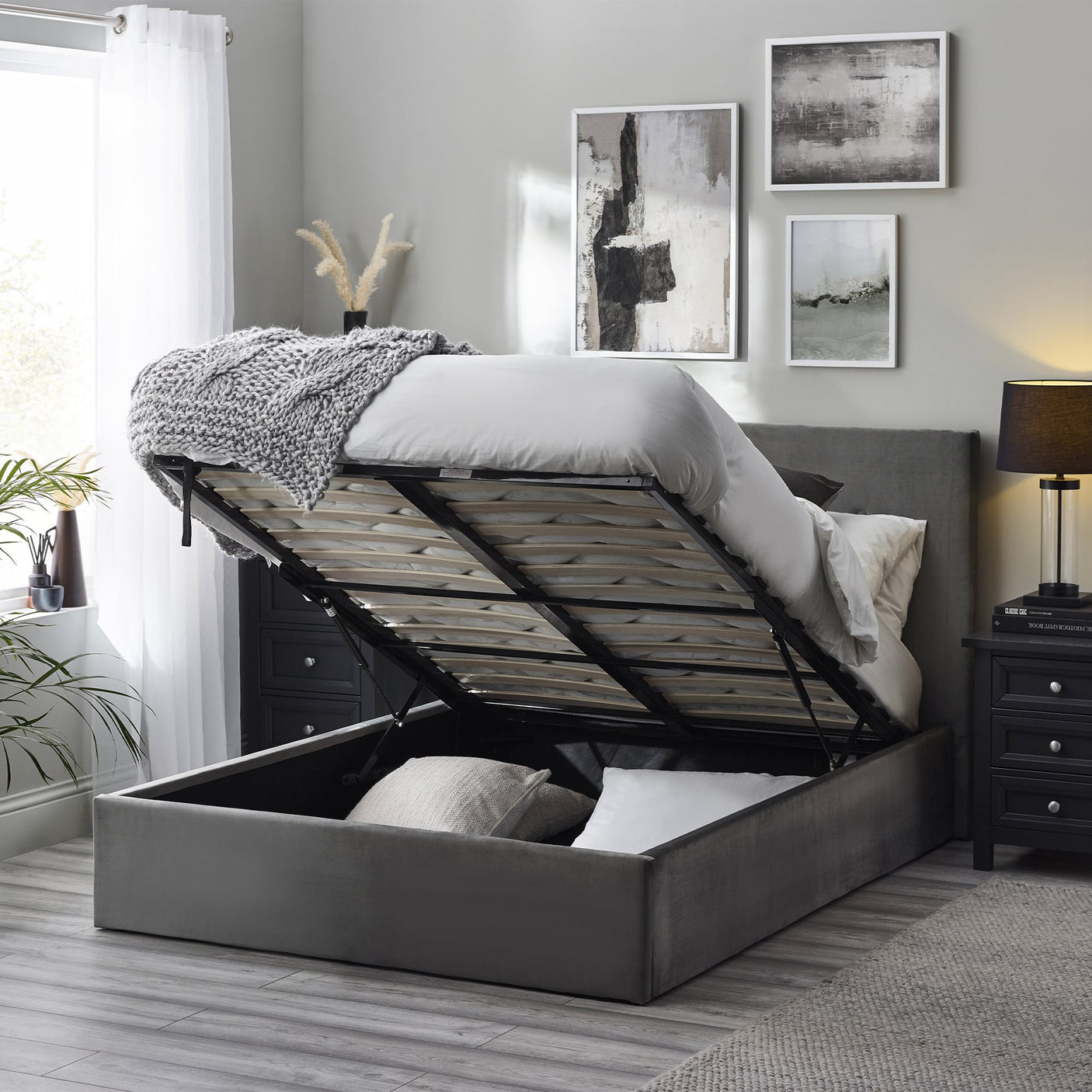 Shoreditch High Headboard Ottoman Lift-Up Storage Bed - Grey / Double - SHO201