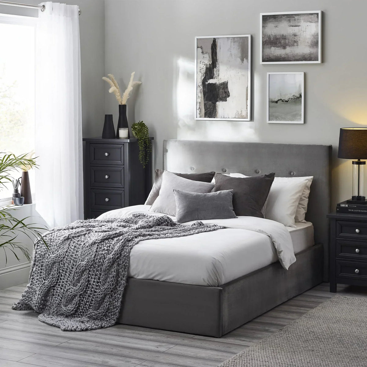 Shoreditch High headboard lift-up storage bed in grey with tufted detail in a modern bedroom