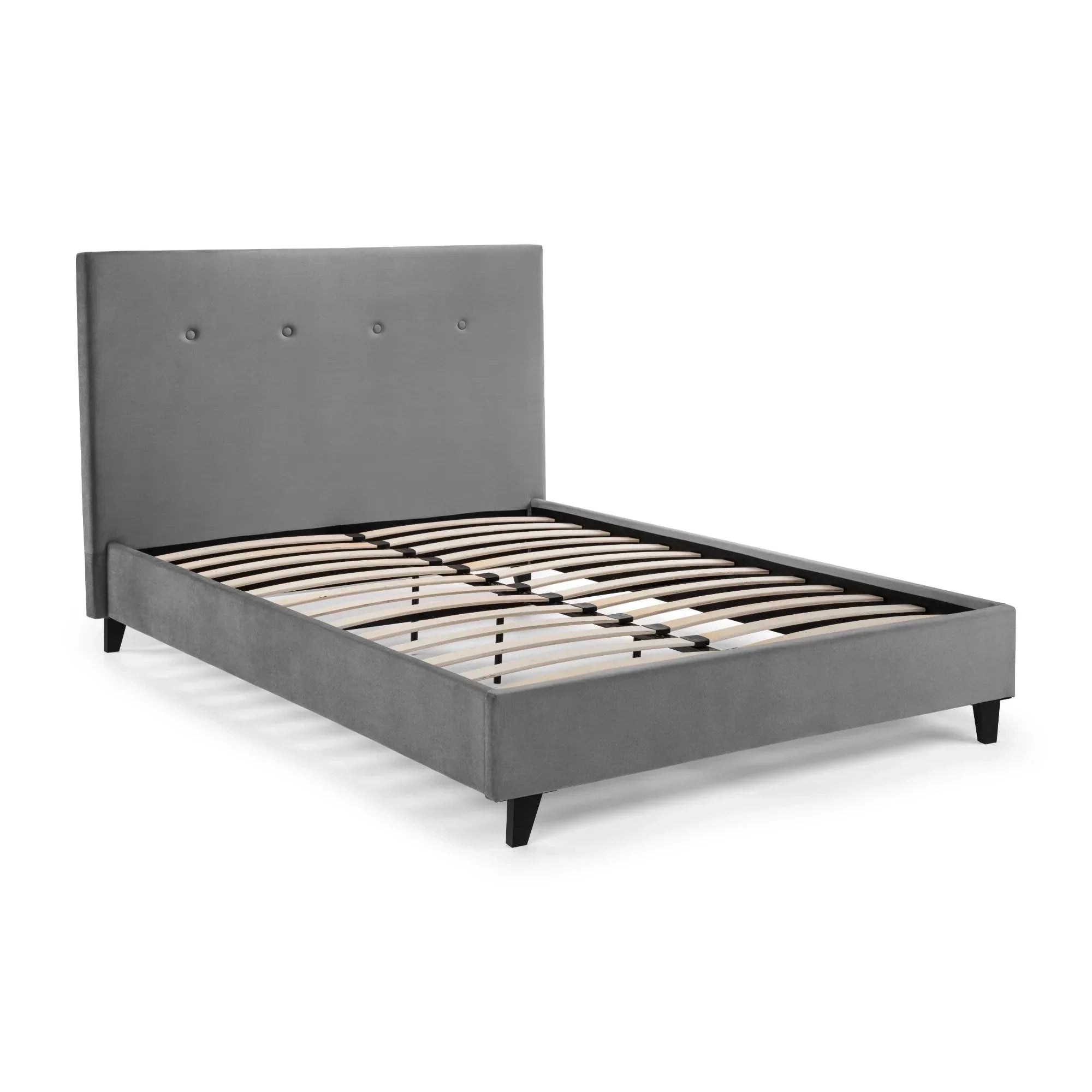Grey upholstered double bed frame with high headboard and wooden slats, angled view