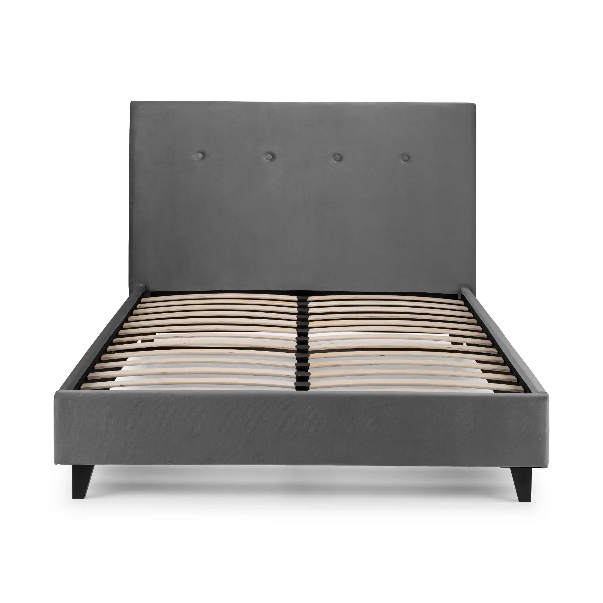 Grey high headboard bed frame with button detail and wooden slats, front view
