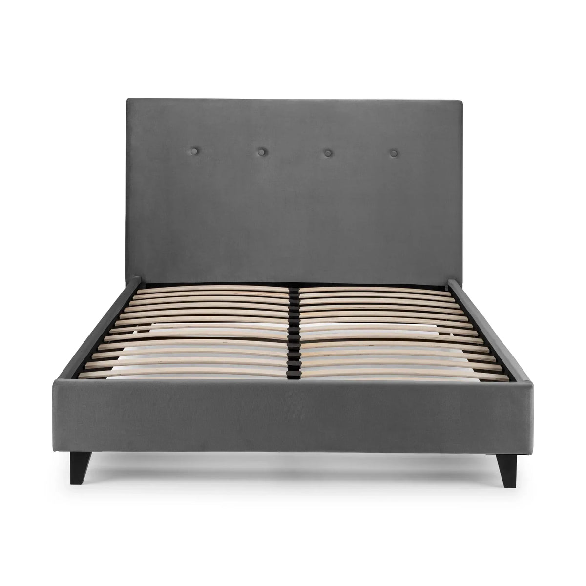 Grey high headboard bed frame with button detail and wooden slats, front view