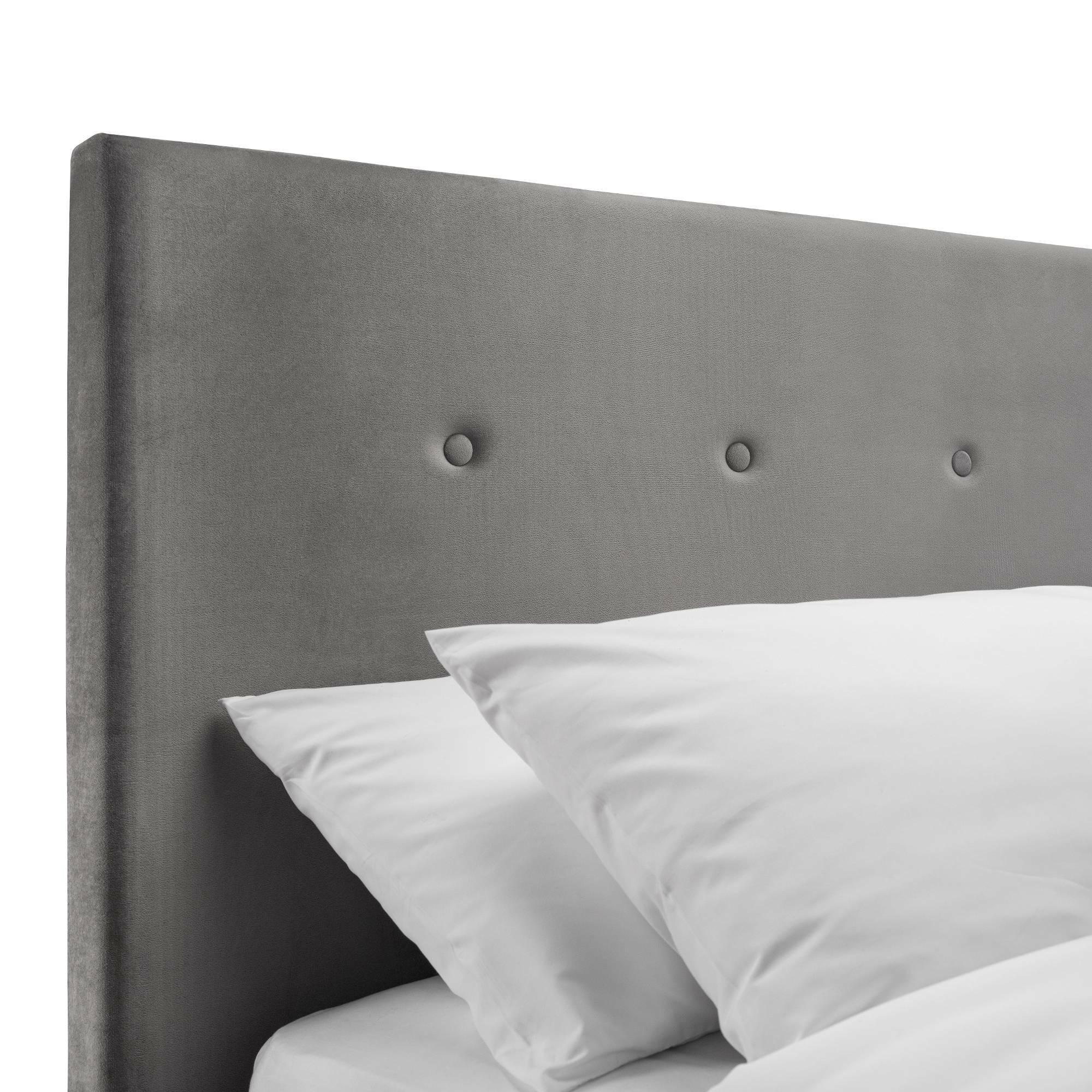 Shoreditch High headboard bed in grey fabric with button detail, partial view with pillows